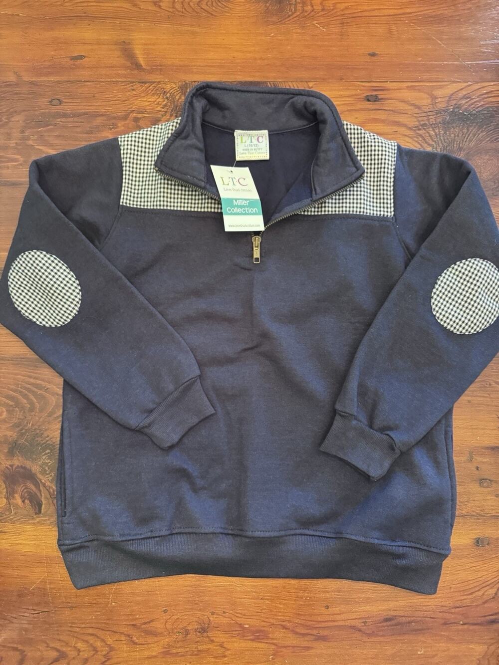 Love That Cotton Navy Blue Pull Over Gingham Details Quarter Zip Girls 10-12 NWT